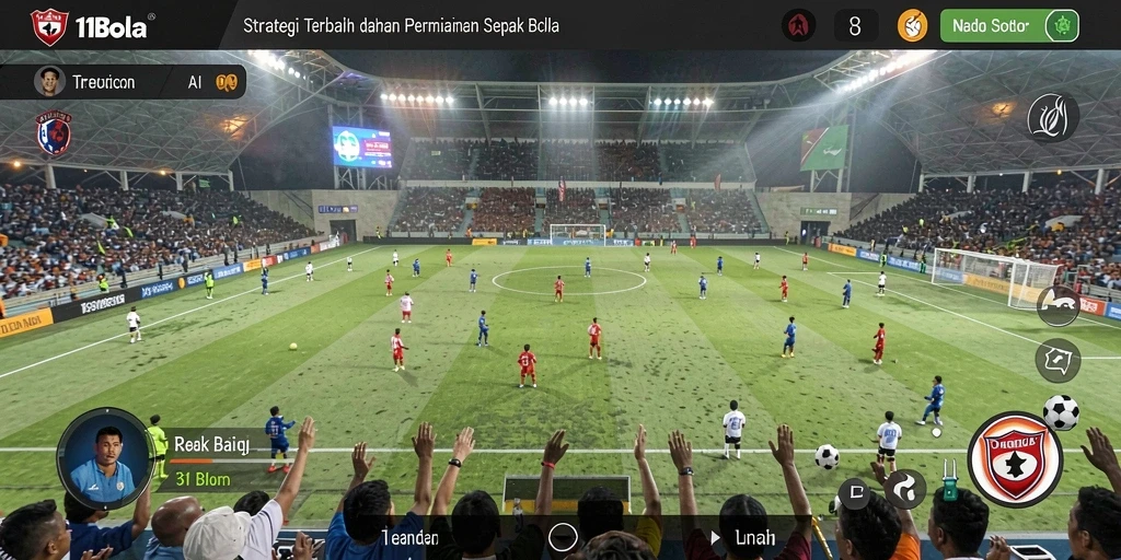 Tampilan layar gameplay 11BOLA menampilkan manajemen tim sepak bola yang strategis.