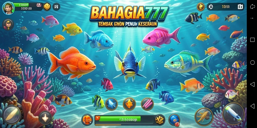 Screenshot gameplay BAHAGIA777 memperlihatkan aksi menembak ikan yang seru dan menarik.