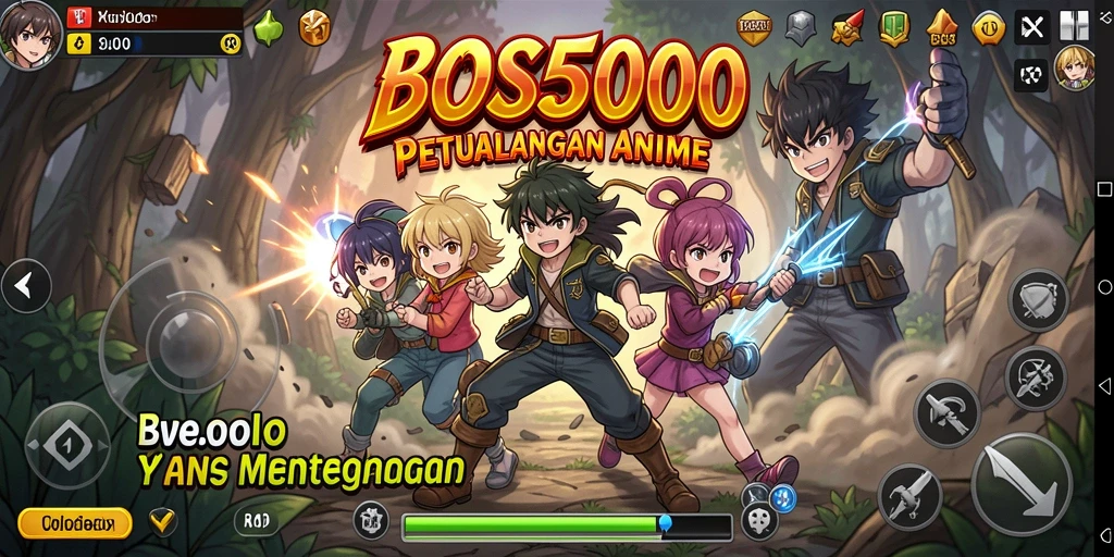 Tangkapan layar utama BOS5000 menampilkan pertempuran epik antar karakter anime.