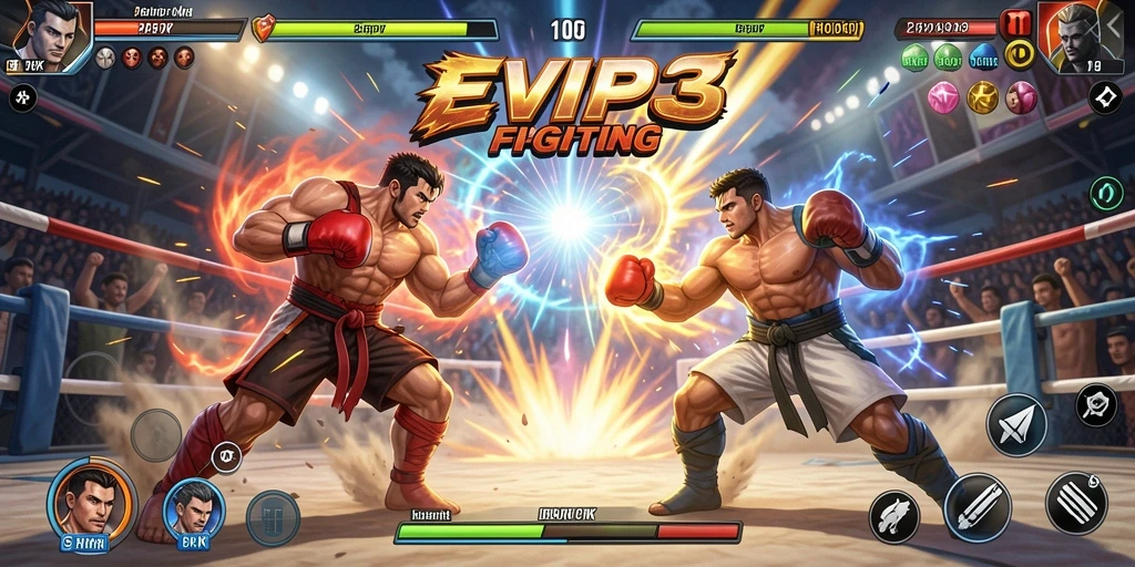 Tangkapan layar gameplay EVIP3 menunjukkan aksi pertarungan yang seru dan mendebarkan.