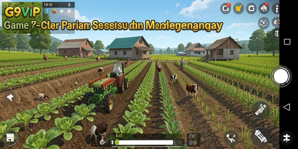Screenshot G9VIP menampilkan petani sedang merawat tanaman di ladang.