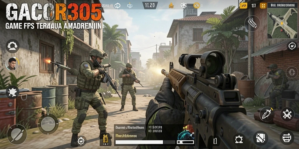 Tangkapan layar GACOR305 menampilkan pertempuran intens dalam gameplay FPS.