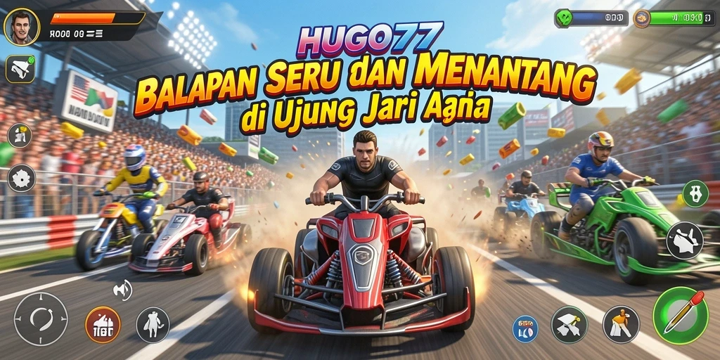 Screenshot HUGO77 menampilkan aksi balapan yang intens dan menarik.