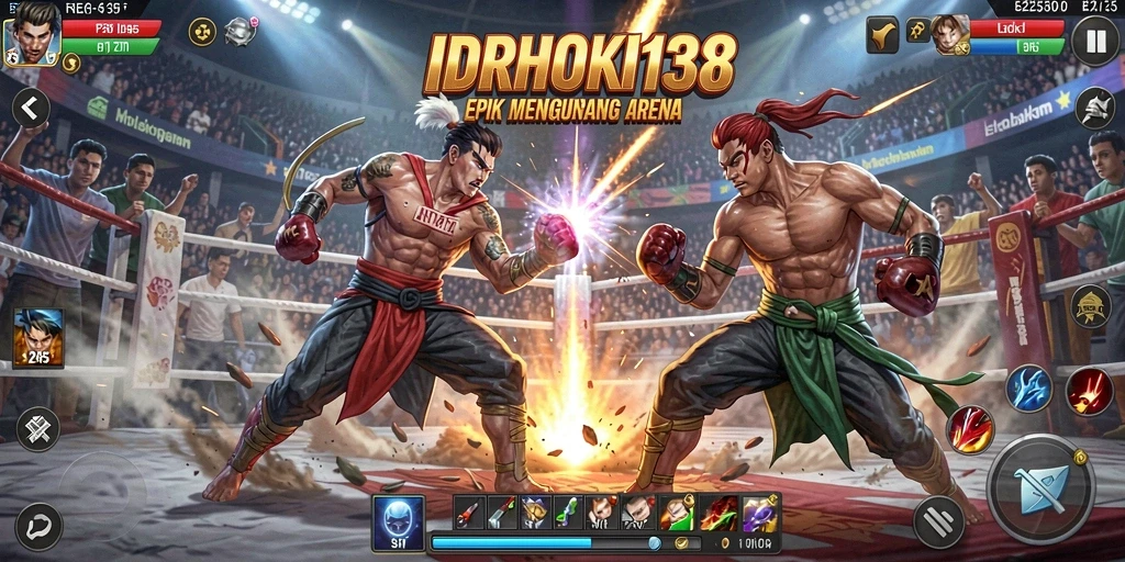 Screenshot dari gameplay <strong>IDRHOKI138</strong> menunjukkan pertarungan intens di arena.