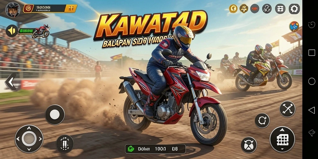 Screenshot dari gameplay KAWAT4D menampilkan balapan motor yang seru dan cepat.