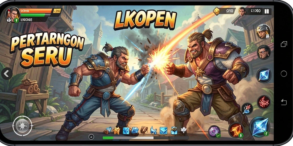 Tampilan gameplay menegangkan di LKOPEN dengan karakter bertarung.