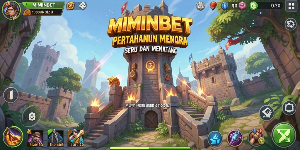 Screenshot gameplay MIMINBET yang menunjukkan aksi pertahanan menara yang intens.