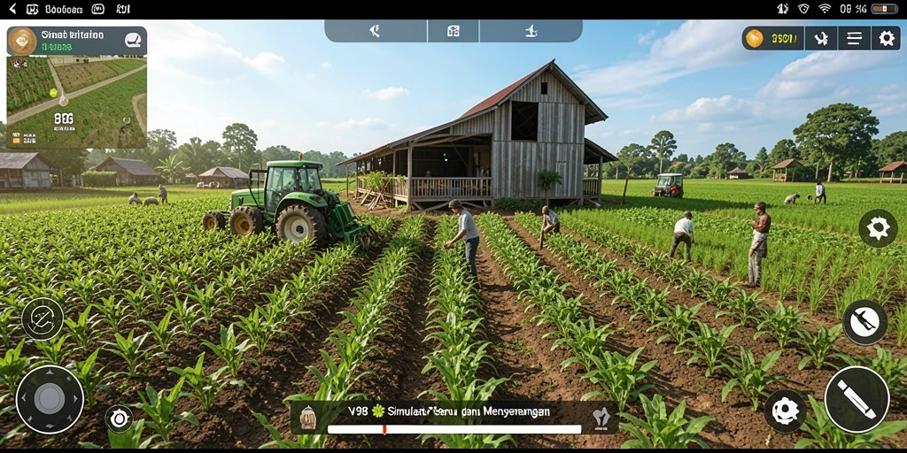Gameplay V98 menunjukkan petani merawat tanaman dengan antusias.